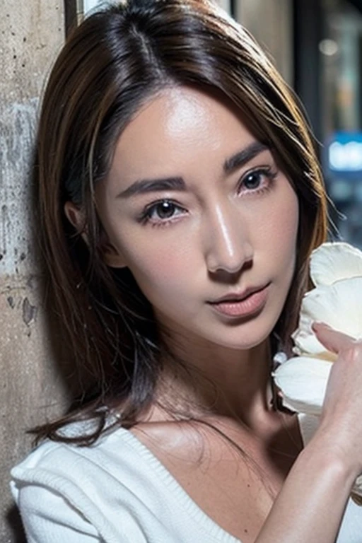 Best quality,masterpiece,ultra high res,(photorealistic:1.2),1girl,in the dark,deep shadow,low key,slim body,taipei street alley,dynamic pose,face closeup,medium breasts,brown hair,<lora:sonia_sui:1>,