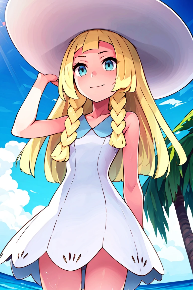 ((masterpiece,best quality)), aalillie, long hair, braid, sun hat, white headwear, collarbone, sleeveless dress, white dress, <lora:lillie_(pokemon)_v1:0.7>, smile, outdoors, tropical beach, cowboy shot
