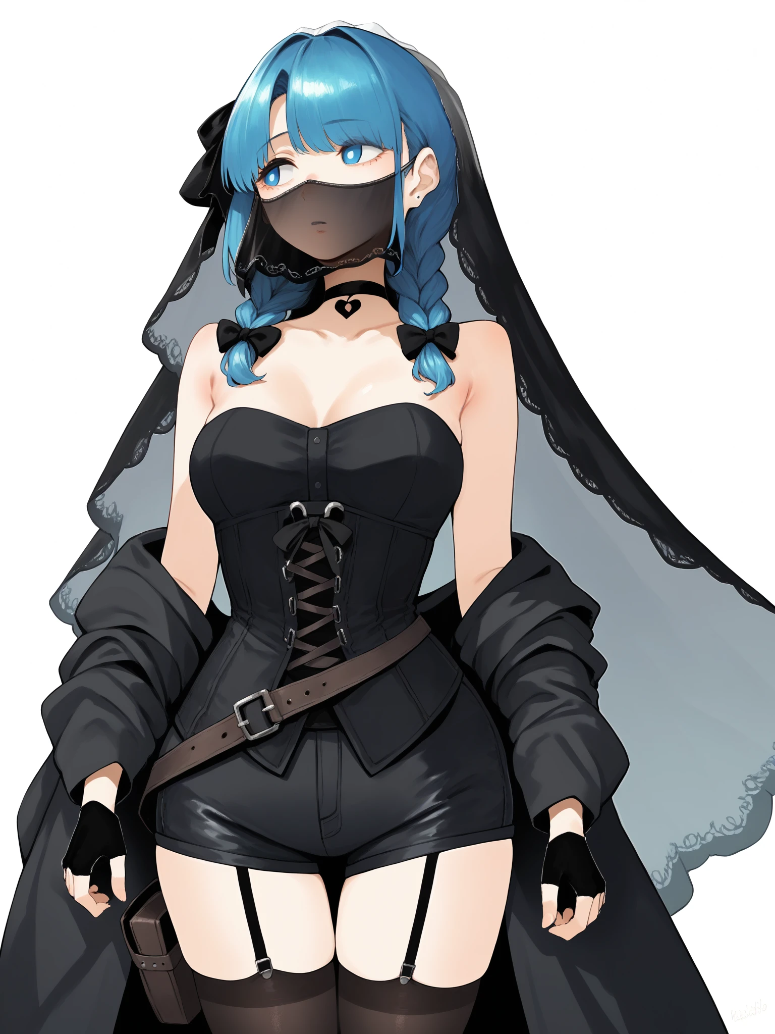 score_9, score_8_up, score_7_up, score_6_up, score_5_up, score_4_up,
BREAK
girl with blue hair, blue eyes, empty eyes, long hair, straight hair, bangs, mature female, black bow, hair bow, braided hair, black pupils, looking away,
BREAK
standing, medium breasts, black tank top, black shorts, black thighhighs, black fingerless gloves, black elbow gloves, strapless, garter straps, choker, (black coat:1.2), black veil, black mouth veil, black bridal veil, corset, (thigh holster:1.1),
BREAK
white background, <lora:Lunas-HeroNeisan-SDXL-A1:1>