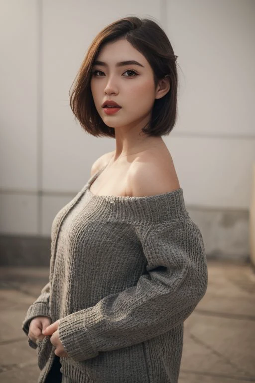 full body,orange cable knit sweater,1girl,solo, (8k, RAW photo, best quality, masterpiece:1.3),(realistic, photo-realistic:1.37),realistic skin texture,(photorealistic:1.3),(hyperrealistic:1.2), short hair, "huge breasts":2.0
