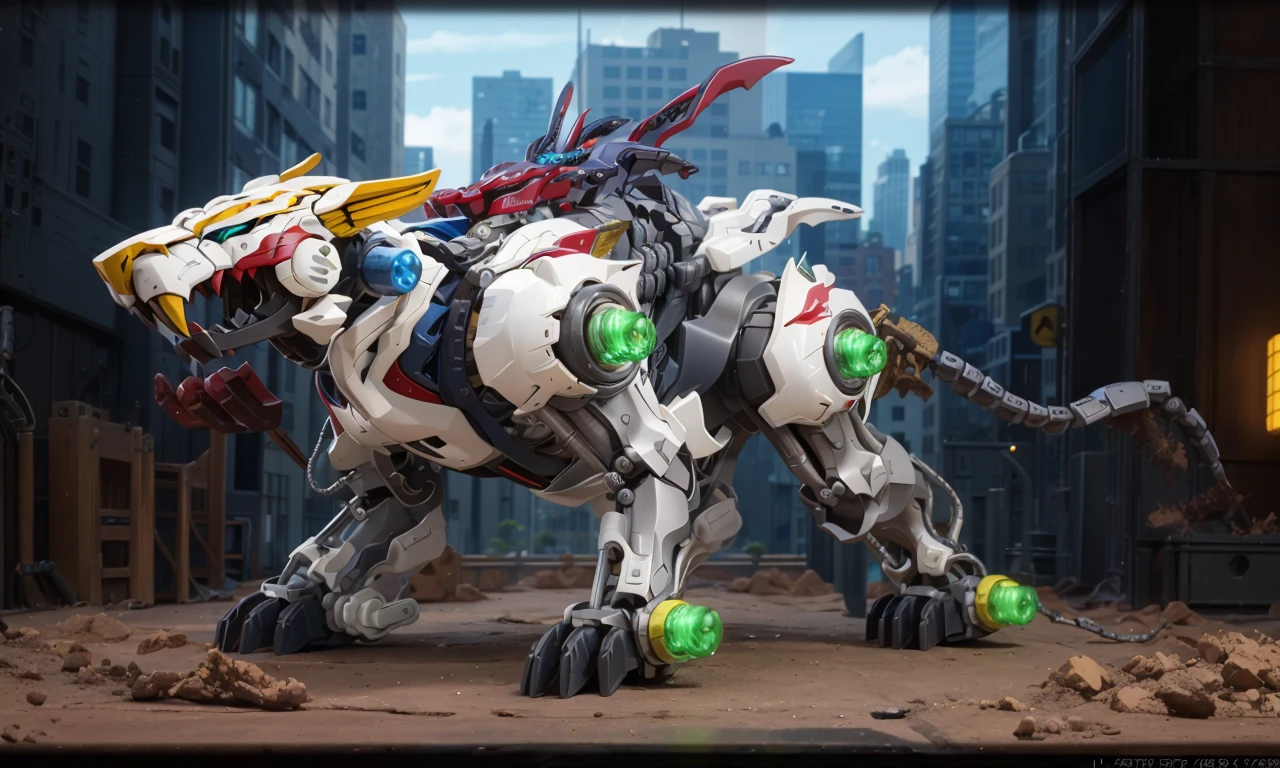 tgrzoid2024v2, blue mechanical tiger, 4 legs, robotic head, mecha, cybernetic, cyberpunk, armor, armored head, quadruped, best quality, zoids, new york city, blue metal,