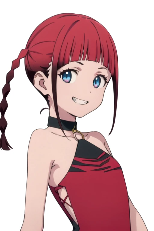 solo, 1girl, looking at viewer, 2D, anime, anime coloring, upper body, (solid white background:1.3), <lora:chise-ssss-01:0.8>, chise asukagawa, bare shoulders, choker, looking at viewer, smile, grin