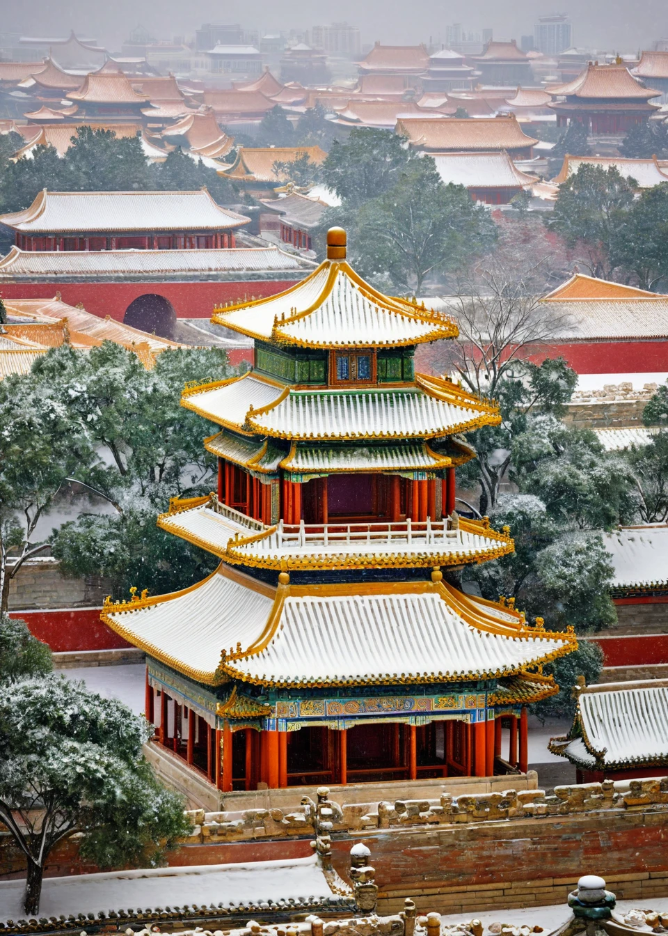 <lora:æ
宫:1>,The Forbidden City,no humans,
This image showcases an exquisite display of traditional East Asian architecture,most likely from China. The scene is dominated by multi-tiered roofs adorned with intricate designs and patterns. Snow blankets the rooftops,adding a serene and tranquil ambiance to the setting. The pagoda-like structures are ornate,with golden embellishments and colorful tiles. The overall scene is a blend of nature's beauty and human architectural artistry,capturing the essence of a snowy day in a historic location.,, masterpiece, best quality,