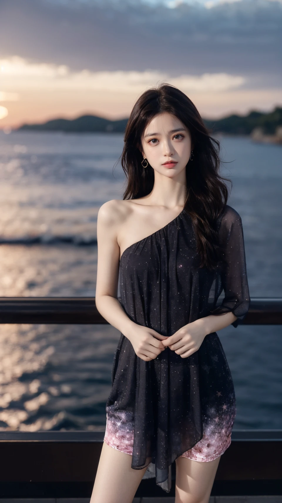 best quality,HDR,UHD,8K,Vivid Colors,solo,medium-shot,(1girl:1.5),(standing:1.3),from front,soft light,(looking at viewer:1.6),Elegant,detailed gorgeous face,<lora:add_detail:0.5>,(sea background:1.1),cowboy shot,<lora:rc106:0.8>,rc,starry sky print,