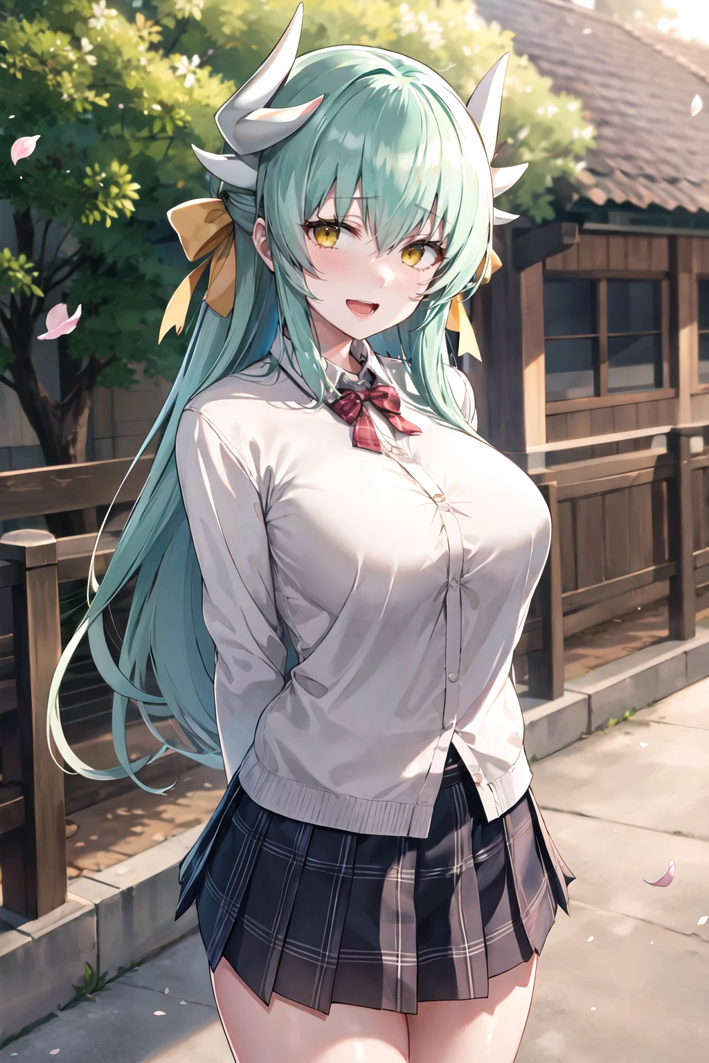 masterpiece, best quality, highres, aakiyo, long hair, aqua hair, white horns, hair bow, yellow bow, yellow eyes, <lora:kiyohime_(lancer)_v1:0.7>, cardigan, plaid skirt, arms behind back, smile, open mouth, petals, outdoors, big breasts <lora:mitsudomoe-Style:1>