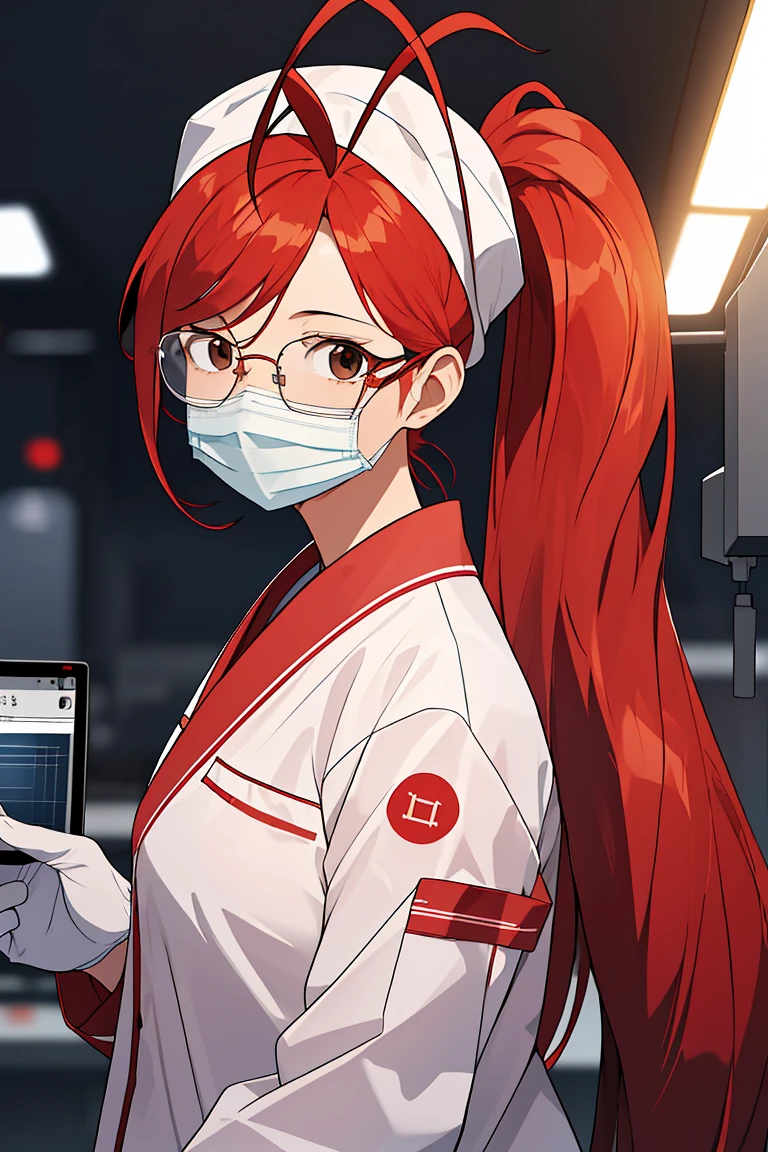 (RAW photo, best quality), 1girl, long sleeve surgical outfit, surgical mask, surgical gloves, surgical cap, operating room, overhead surgical light, dslr, blurred background, focused,
<lora:Claudia_Suzuki_V1.0-000006:0.8> (claudia suzuki, mature female, semi-rimless eyewear, red hair, long hair, brown eyes, antenna hair),