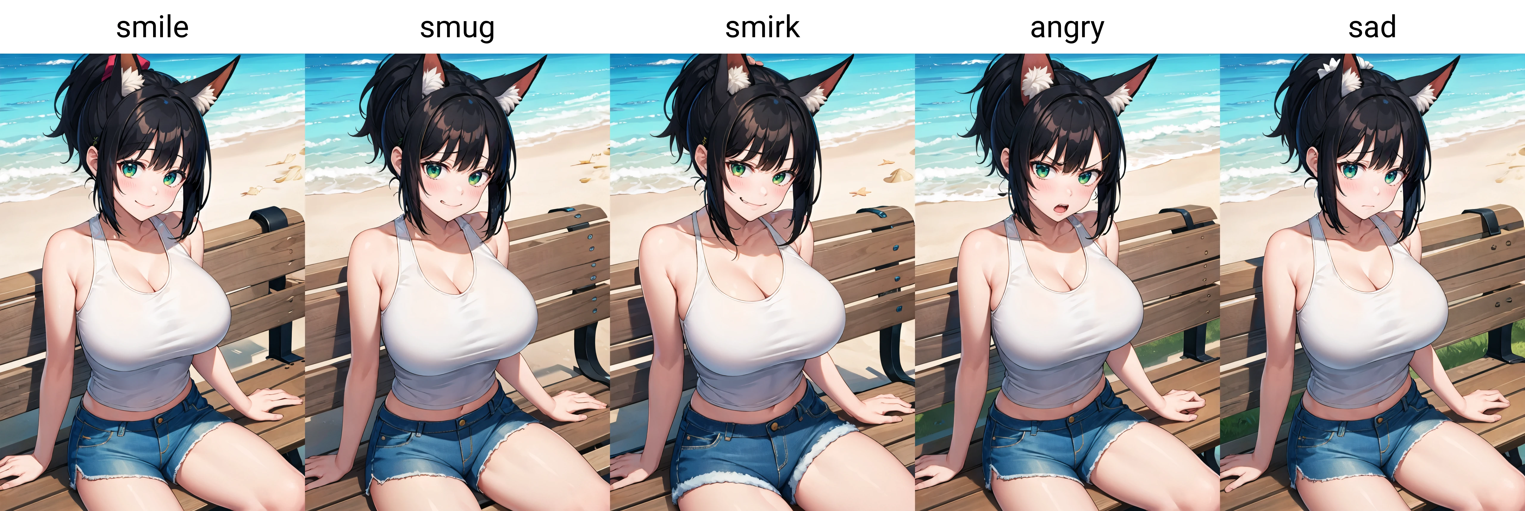 masterpiece, best quality, 1girl, solo, sitting, on bench, outdoors, beach, tank top, (white tank top:1.2), (black hair:1.2), green eyes, (smile), ponytail, blunt bangs, short hair, huge breasts, blue shorts, fox ears, <lora:Giuniu-Locon-style-v1:1>
