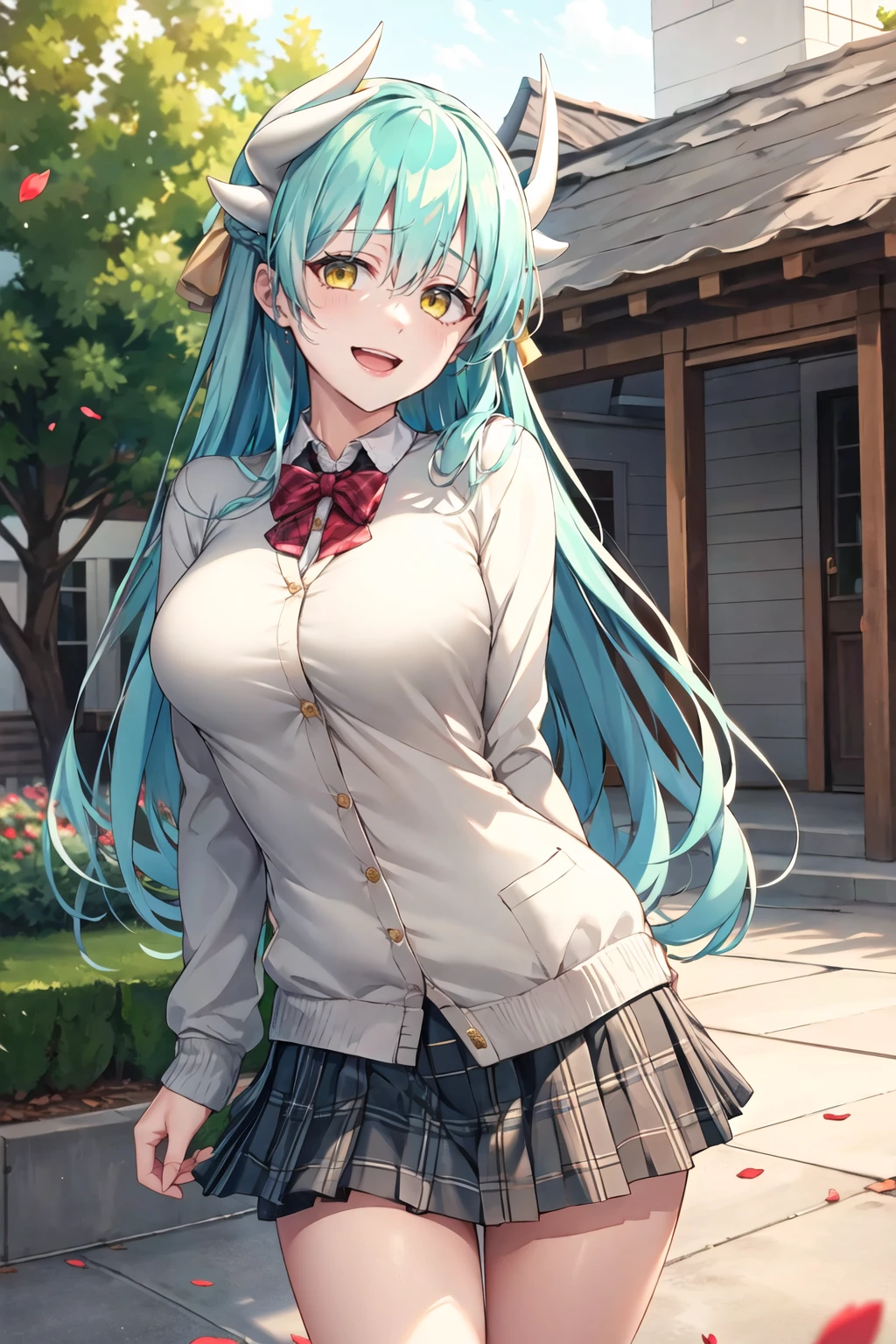 masterpiece, best quality, highres, aakiyo, long hair, aqua hair, white horns, hair bow, yellow bow, yellow eyes, <lora:kiyohime_(lancer)_v1:0.7>, cardigan, plaid skirt, arms behind back, smile, open mouth, petals, outdoors, big breasts ,  <lora:Giuniu-Locon-style-v1:1>