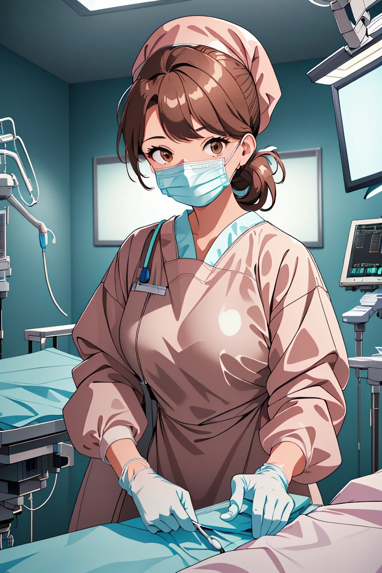 (RAW photo, best quality), 1girl, operating room, overhead surgical light, dslr, blurred background, focused,
 <lora:Klaviana_V1.0-000006:0.6> (klaviana,brown hair, brown eyes,folded ponytail, 1990s (style)), 
 <lora:surgical_v3:0.8> surgical_uniform_3.0, surgical mask, gloves,surgical cap,long sleeves,