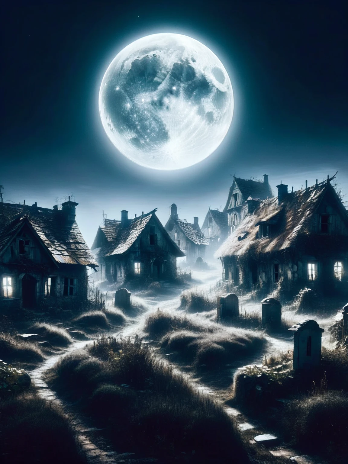 A desolate ais-crsd village under a full moon, with abandoned houses and overgrown paths, eerie silence enveloping the air. <lora:ais-crsd-sdxl:1>