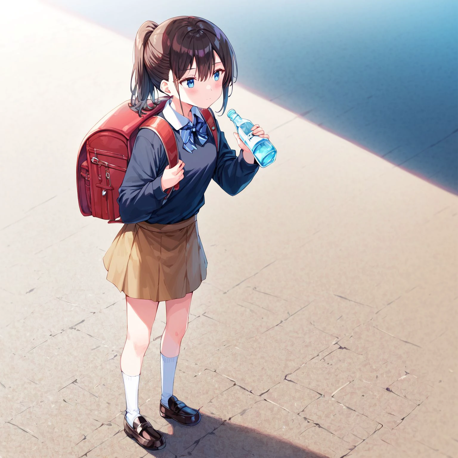 Masterpiece, hd, 1girl, brown hair, ponytail, hair ribbon, wearing cute dress, frilled dress,  dress, bowtie, standing, outdoor, sad, crying, embarassed, wearing red backpack, school backpack, square backpack (backpack:1.2), Are standing, Her bowel accident, Her fecal leakage incident, pee, peeing self, Get wet, Get wet self, have to pee, pee stain, in skirt has pee stain,(girl leaking pee), have to pee, she peeing to much,(girl is peeing self:1.1), (pee stain), puddle of pee at your feet, holding crotch, very dirty clothes