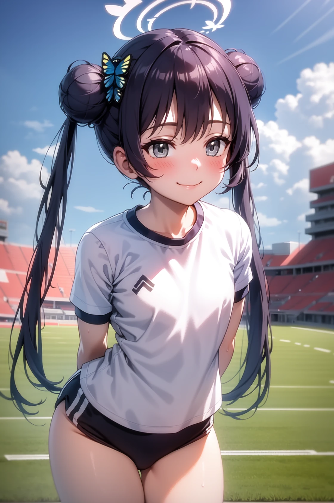 1girl, solo, (masterpiece, best quality), outdoors, stadium, standing, blush, kisaki, grey eyes, black hair, hair bun, double bun, twintails, butterfly hair ornament, halo, white shirt,  gym shirt, gym uniform, baruma, flat chests, thighs, leaning forward, arms behind back, smile, closed mouth 