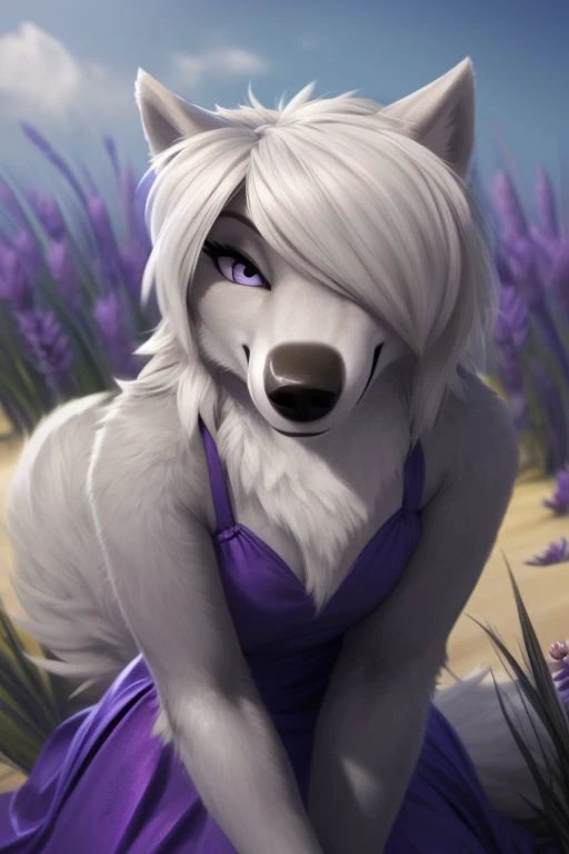 ASCIIASCIISelfie, looking at viewer, young adult, wolf, anthro, female, hair over eye, ((wolf tail)), dress, solo, beach, detailed flower field background, Silver-gray and White fur, lavender eyes, detailed eyes, 4K, by darkgem