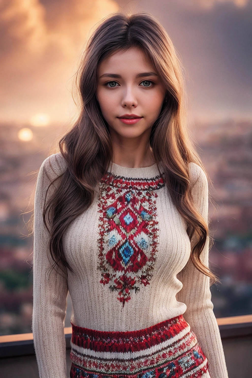 (MilaA_SoloTI_v1:0.99),
a beautiful woman, perfect hair, (modern photo), Fair Isle knit sweater dress, portrait, 85mm, (analog, cinematic, film grain:1.3), ( Virtual Reality World, Digital realm with vibrant landscapes, floating islands, fantastical creatures, and avatars.), detailed eyes, seductive pose, painted lips,(looking at viewer:1.1), jewelry, (cinematic shot:1.3), (natural lighting, lit from above), <lora:add_detail:0.5>