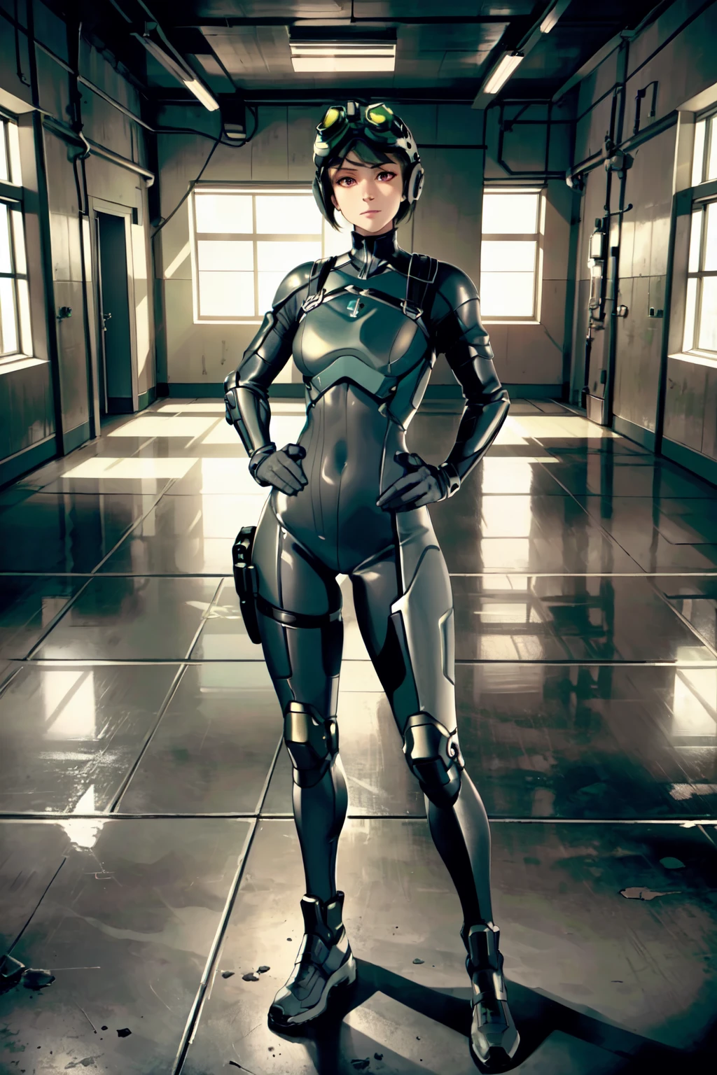 masterpiece,best quality,1girl,sarahfisher,standing,bodysuit,armor,helmet,(goggles,goggles on eyes),full body,hands on hips,expressionless,indoors,in concrete hangar, <lora:SarahFisher12:0.75>