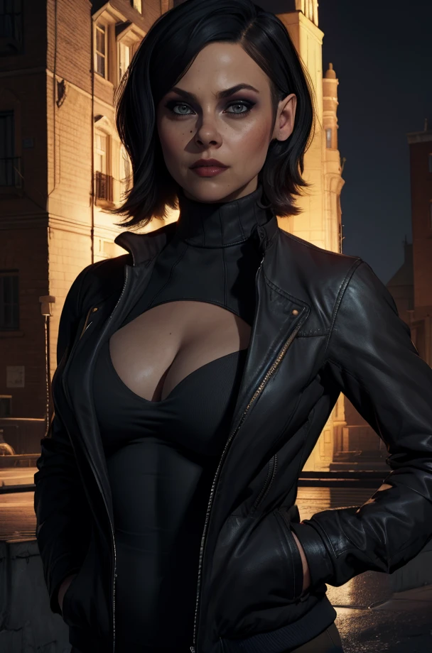 award winning photo, night, close-up, extremely detailed, amazing, fine detail, highly detailed woman, (extremely detailed eyes and face), (blue jeans), ((wide open black leather jacket)), fitness, short red hair, freckles, by Frank Cho and Terry Dodson, wrist watch, (dark alley, dark night), (black heavy metal tanktop)