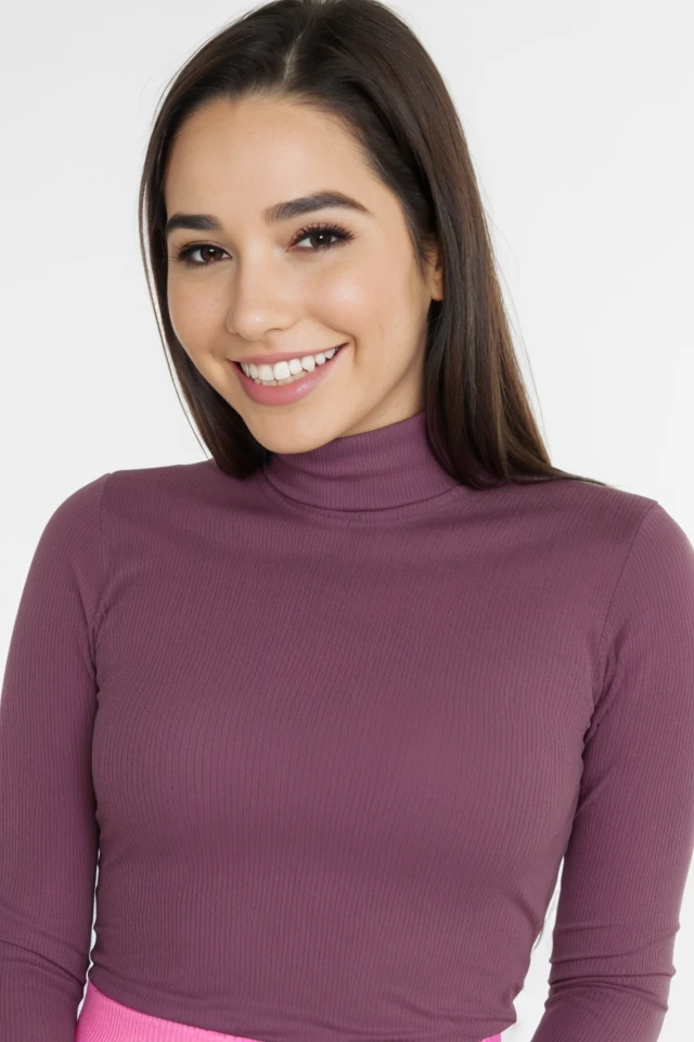 photo of a skinny very old wrinkly-faced faced mature brunette prostitute with fake eyelashes and plump-enhanced lips, messy long hair thrown into a messy bun ponytail. She wears: (turtleneck soft high ribbed super tight sweater:1.1), submissive seductive pose, high tight ribbed neck, seductive smile, perfect fake tits, horny eager granny pink clothes