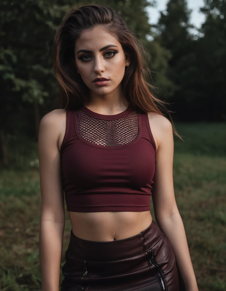 (medium shot, zoomed in upper body portrait:1.3) photo of a thinking, (closed mouth:1.5) slutty cute athletic punk 23 year old (Syrian:1.1) young woman with long brown hair, dark grey eyes, large breasts, (makeup, eyeliner, eyeshadow, lipstick:0.9), (pores:0.5), (goosebumps:0.5), (film grain:0.9).
She is wearing a (maroon mesh crop top and miniskirt, high heel boots:1.1).
She is leaning facing diagonal to camera, in a (beautiful majestic:1.1) glade, night.
detailed skin texture, detailed cloth texture, detailed face, (intricate sharp details:1.5), ultra high res