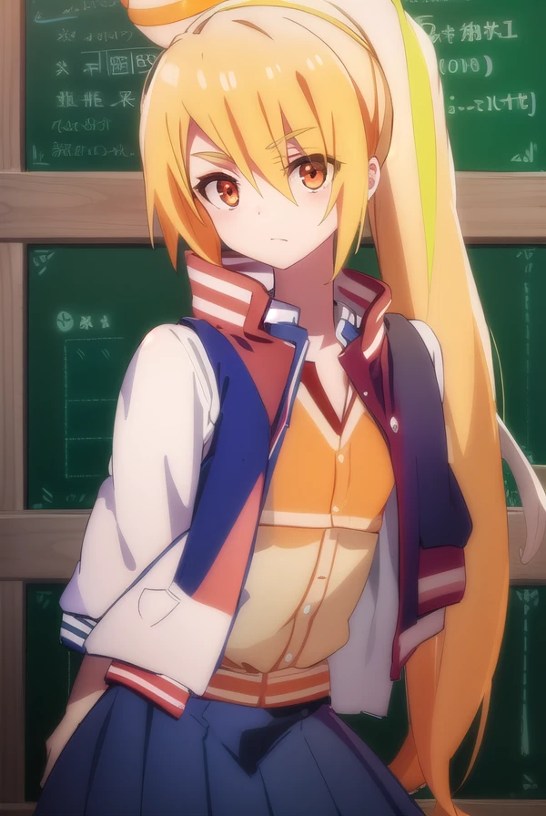 sakinikaidou, <lora:saki nikaidou s2-lora-nochekaiser:1>,
saki nikaidou, blonde hair, eyes visible through hair, hair over one eye, light green hair, long hair, multicolored hair, (orange eyes:1.3), orange hair, ponytail, streaked hair,
BREAK blue skirt, jacket, (letterman jacket:1.5), necktie, orange necktie, skirt,
BREAK looking at viewer, full body,
BREAK indoors, classroom,
BREAK <lyco:GoodHands-beta2:1>, (masterpiece:1.2), best quality, high resolution, unity 8k wallpaper, (illustration:0.8), (beautiful detailed eyes:1.6), extremely detailed face, perfect lighting, extremely detailed CG, (perfect hands, perfect anatomy),