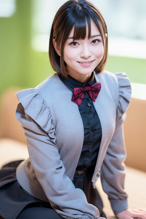 1girl, (long sleeves, pantyhose,grey frilled skirt, grey jacket, black shirt:1.4),(red bowtie:1.2),(RAW photo, best quality:1.4), (realistic, photo-realistic:1.4), masterpiece, an extremely delicate and beautiful, extremely detailed, 2k wallpaper, Amazing, finely detail, extremely detailed CG unity 8k wallpaper, ultra-detailed, highres, soft light, beautiful detailed girl, extremely detailed eyes and face, beautiful detailed nose, beautiful detailed eyes,cinematic lighting,(blurry,bokeh backgound:1.6),(city:2.0),perfect anatomy,(slender body:1.6),(close up face:1.6),(smile,Friendly, warm:1.6),(looking at viewer:1.8),(japanese idol:1.4), (brown eyes:1.4),(short hair,x hair ornament:1.4), (cleavage:0.8),(Hands-on Lap:1.4), <lora:miyashitasaki_lora-v2_01:0.8>