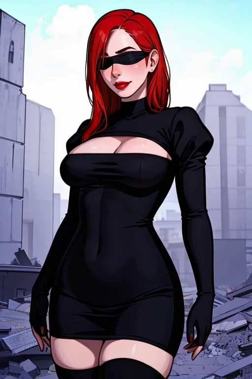 XenTAI-pos, amazing body,at distance,cowboy shot,posing,flirting,(playful gaze, smirking:1.1),1girl,<lora:MollyRedWolf_640_128:0.7>,mollyredwolf,pale skin,long hair,makeup,red hair,white elbow gloves,black blindfold,black hairband,clothing cutout,long sleeves,puffy sleeves,juliet sleeves,feather trim,black thighhighs,black dress,post-apocalypse,ruins,abandoned city background,
