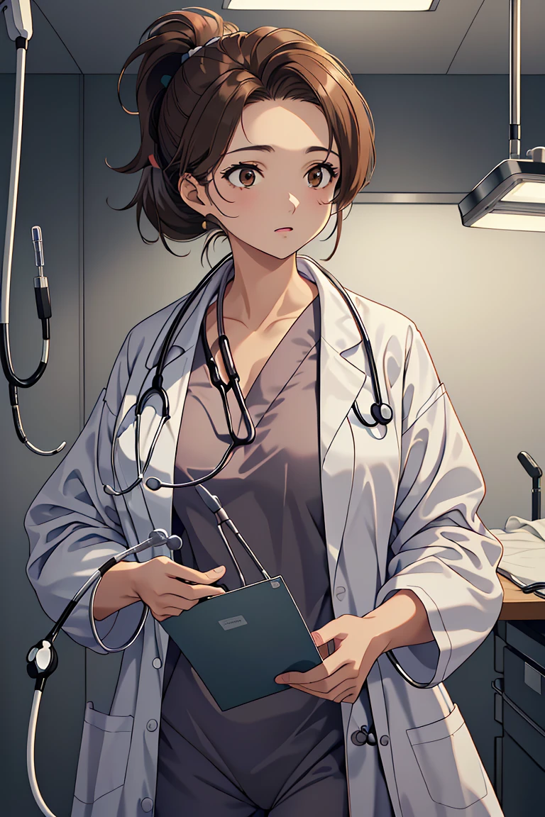 (RAW photo, best quality), 1girl, operating room, overhead surgical light, dslr, blurred background, focused,
 <lora:Klaviana_V1.0-000006:0.6> (klaviana,brown hair, brown eyes,folded ponytail, 1990s (style)), 
 <lora:0- CL - Doctor Uniform V2:0.8> doctor_uniform, labcoat, stethoscope, doctor,