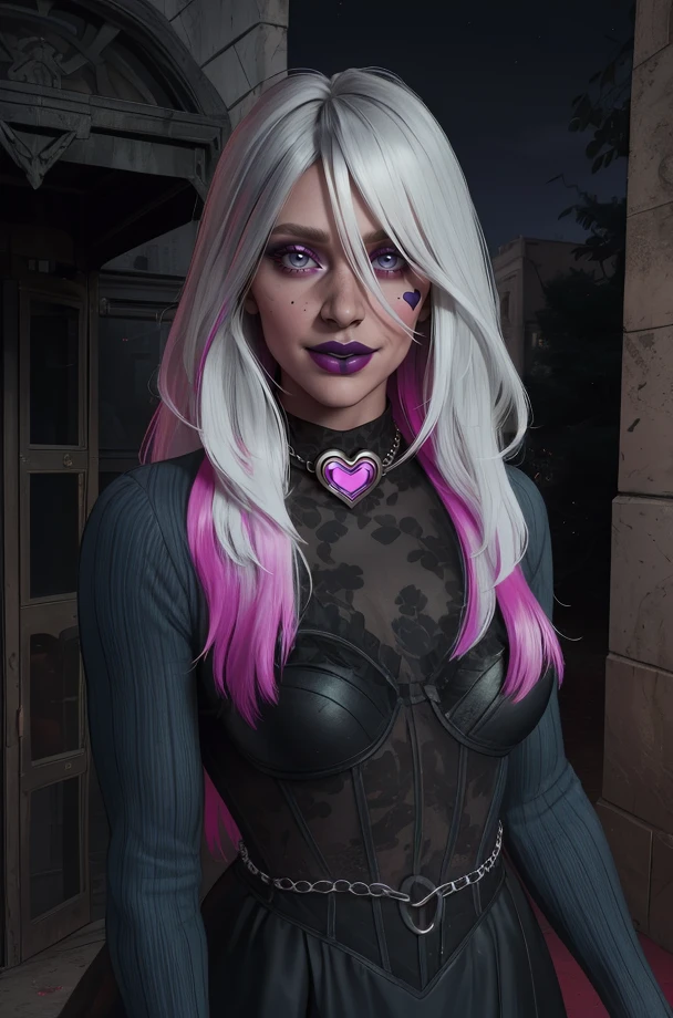 sable,facial mark,lipstick,white hair,long hair,grey eyes,multicolored hair,
black dress,looking at viewer,long sleeves,close up,light smile,
standing,upper body,heart necklace,gem,
night,town,theater entrance,
(insanely detailed, beautiful ,masterpiece, best quality) solo,<lora:SABLEdbd:0.8>,