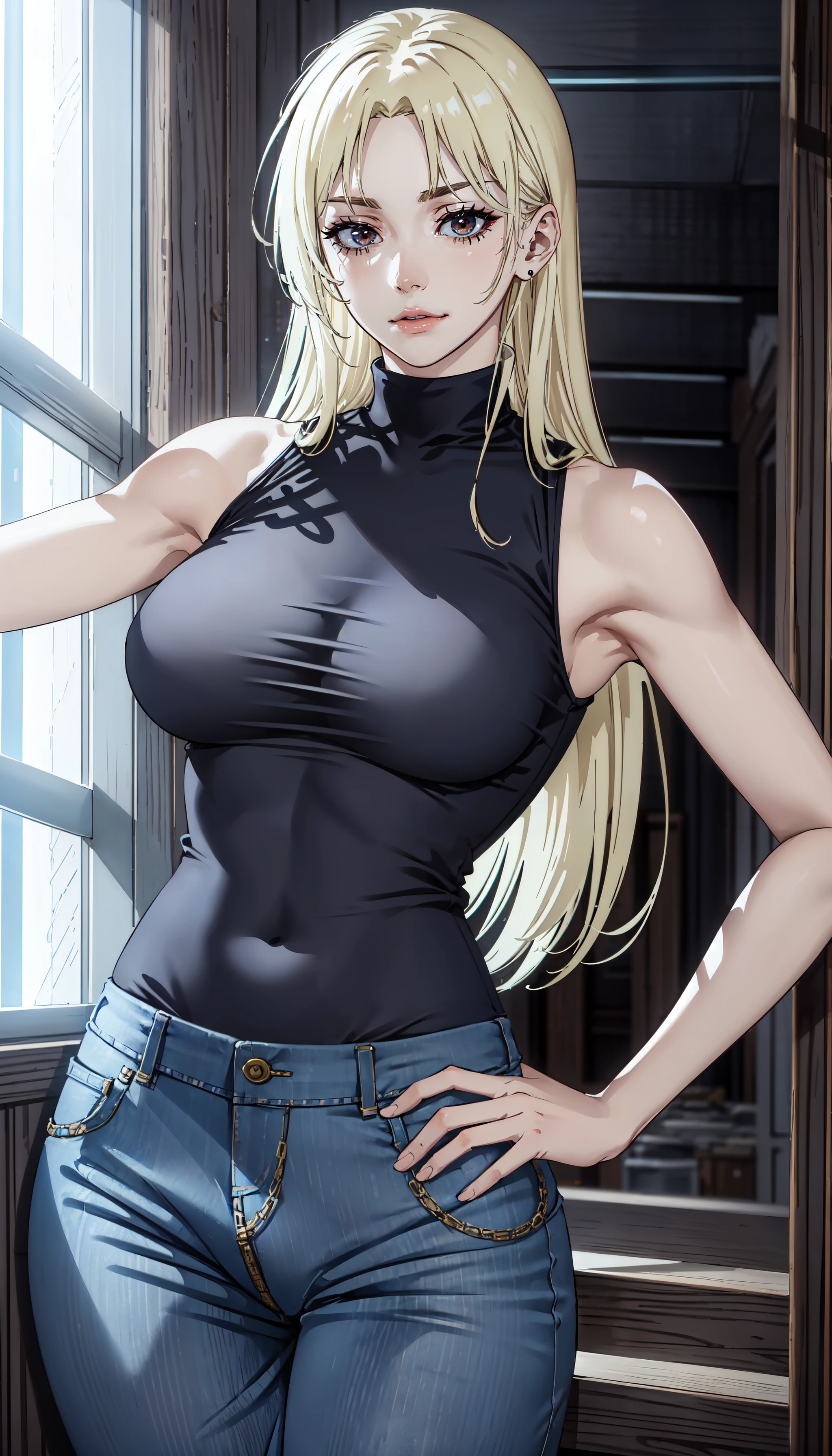 photorealistic, (4k), depth of field, (Masterpiece), (realistic skin texture), extremely detailed, intricate, hyper detailed, professional photography, bokeh, high resolution, sharp detail, best quality, woman, long hair, blonde hair, brown eyes, black top, turtleneck, sleeveless, jeans, <lora:GoodHands-vanilla:0.4>, <lora:detail_slider_v4:0.8> , dynamic pose, (feminine pose), <lora:Yuki Tsukumo-000004:0.8> ,