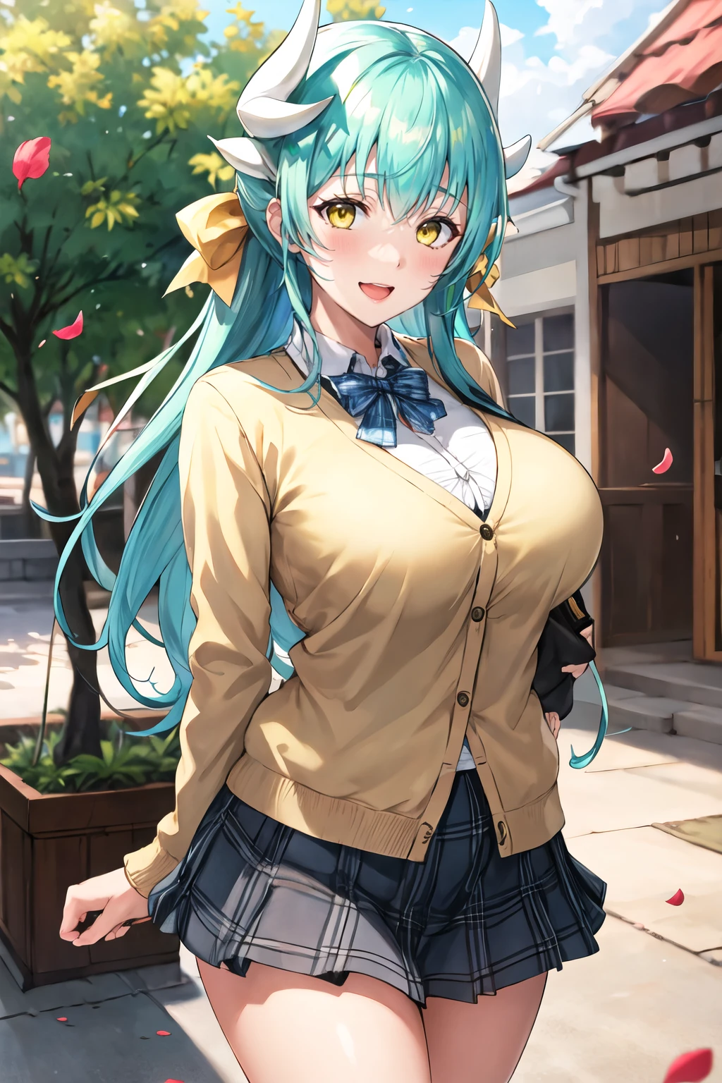 masterpiece, best quality, highres, aakiyo, long hair, aqua hair, white horns, hair bow, yellow bow, yellow eyes, <lora:kiyohime_(lancer)_v1:0.7>, cardigan, plaid skirt, arms behind back, smile, open mouth, petals, outdoors, big breasts <lora:Gyuutan-Style:1>