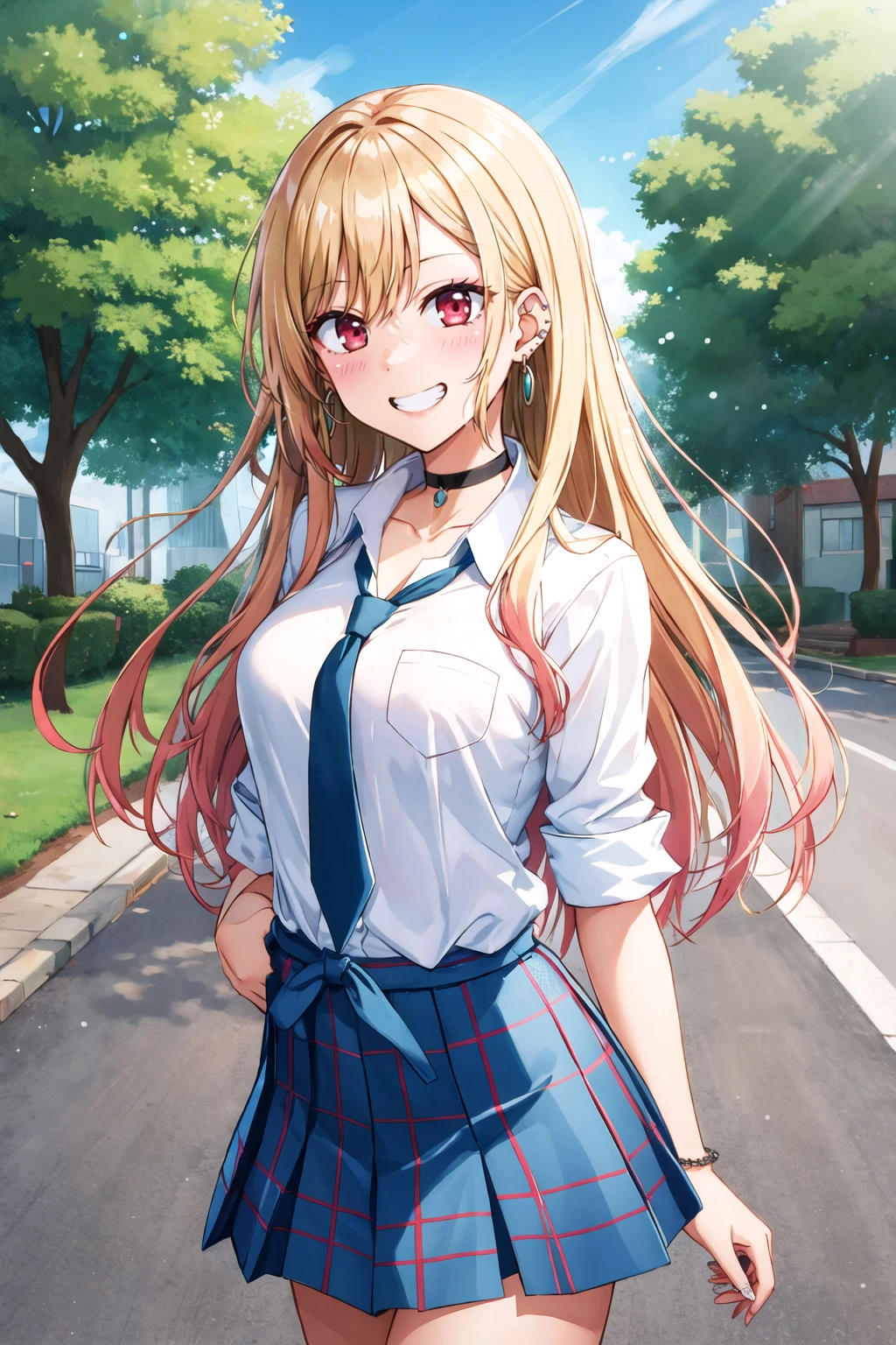 masterpiece, best quality, highres, kitagawa marin, 1girl, blonde hair, long hair, multicolored hair, red eyes, jewelry, earrings, piercing, school uniform, white shirt, tied shirt, black choker, blue necktie, plaid skirt, <lora:kitagawa_marin_v1-1:0.7>, grin, smile, standing, cowboy shot, outdoors, blue skirt <lora:yuuhi_alpha-Style-000083:1>