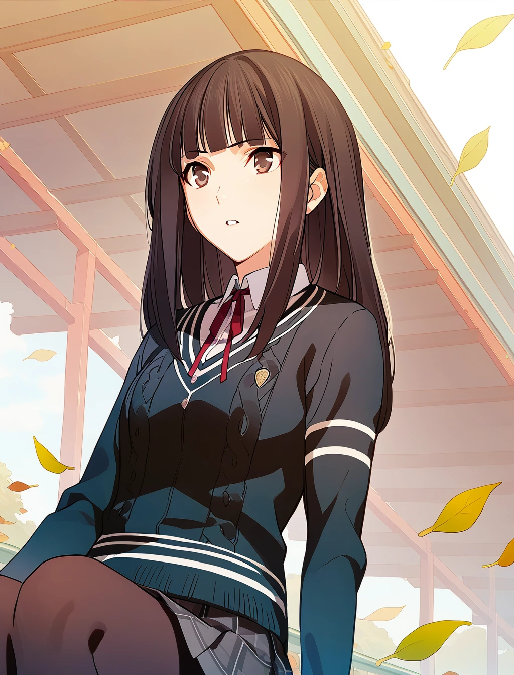 1girl,nagumo kasumi,school uniform,red neck ribbon,plaid skirt,black pantyhose,parted lips, leaf, falling leaves, upper body, outdoors, wind,buttons,masterpiece,solo,best quality,game cg,<lora:NagumoKasumiXL:1>,