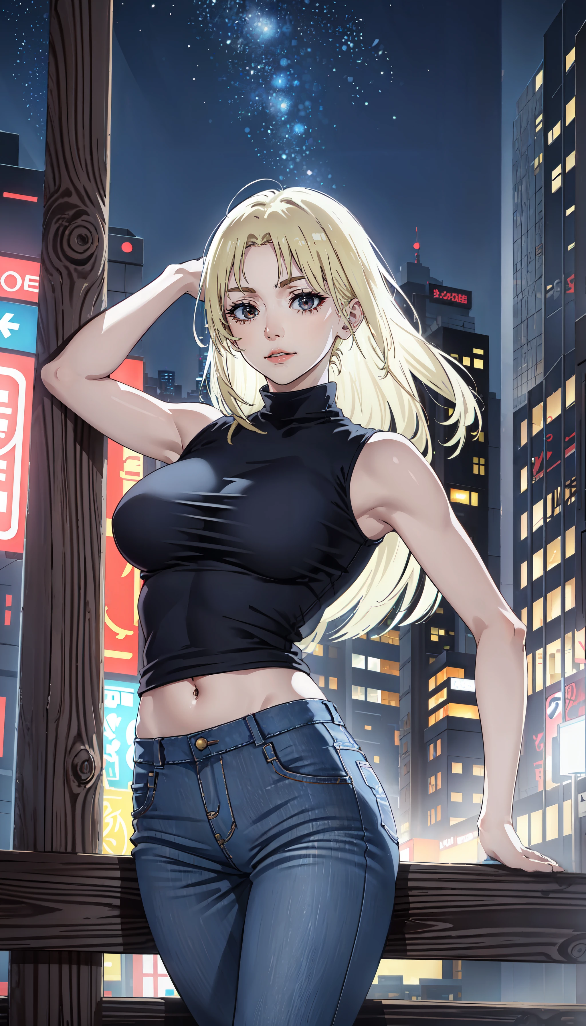 photorealistic, (4k), depth of field, (Masterpiece), (realistic skin texture), extremely detailed, intricate, hyper detailed, professional photography, bokeh, high resolution, sharp detail, best quality, woman, long hair, blonde hair, brown eyes, black top, turtleneck, sleeveless, jeans, <lora:GoodHands-vanilla:0.4>, <lora:detail_slider_v4:0.8> , dynamic pose, (standing splits), <lora:Yuki Tsukumo-000004:0.8> , skyscraper, night sky, (night:1.3), street light, spotlight, lamppost,