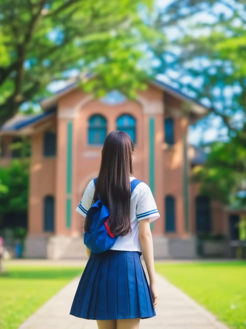 depth_of_field, photo_\(medium\), photo_background, motion_blur, outdoors, 1girl, building, close up, cosplay_photo, tree, serafuku, school_uniform, skirt, solo, grass, long_hair, day, blue_skirt, chromatic_aberration, looking_at_viewer <lora:sysuv9:0.7>