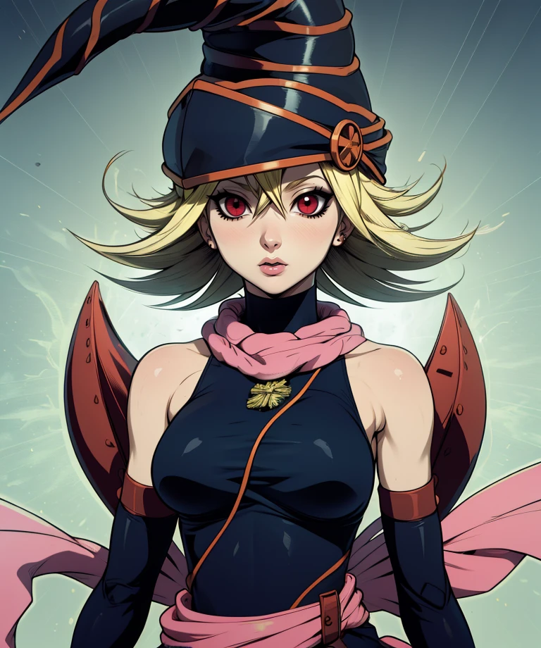 gagaga,red eyes,blonde hair,short hair,
detached sleeves,wizard hat,bare shoulders,dress,pink scarf,
standing,upper body,jewelry,
mystical ream,
(insanely detailed, masterpiece, best quality),solo,<lora:GagagaGirl:0.9>,