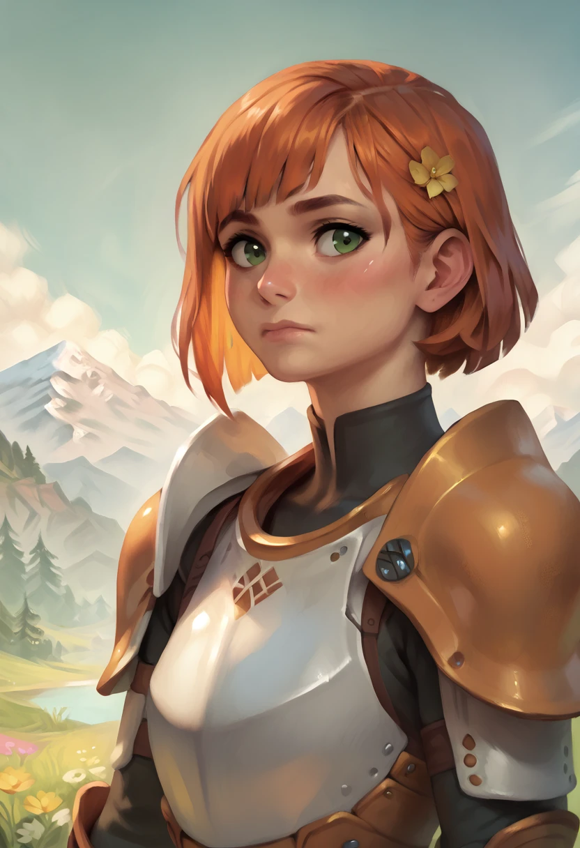 score_9, score_8_up, score_7_up, score_6_up, score_5_up, score_4_up, BREAK rating_safe, 1girl, outdoors, armor, solo, green eyes, mountain, orange hair, looking at viewer, shoulder armor, short hair, breastplate, upper body, day, sky, closed mouth, flower, blush, pauldrons, mountainous horizon, bangs, blue sky, grass<lora:CALM_testXL_4image_125steps:0.9>