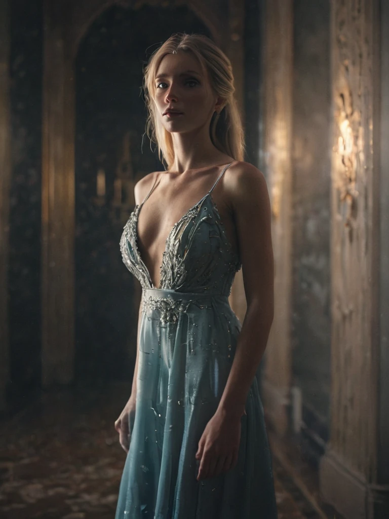 fullbody shot cinematic photo a blonde  woman wearing a  evening gown,  by nikolay makovsky : 10, 4k resolution; detailed film still promotional image ektachrome photograph wide angle lens ; low contrast dramatic lighting unreal engine 5 cinematic color grading composition and effects makeup design trending on artstation oct   . 35mm photograph, film, bokeh, professional, 4k, highly detailed <lora:SkinnyVoluptousSliderXL:-1>