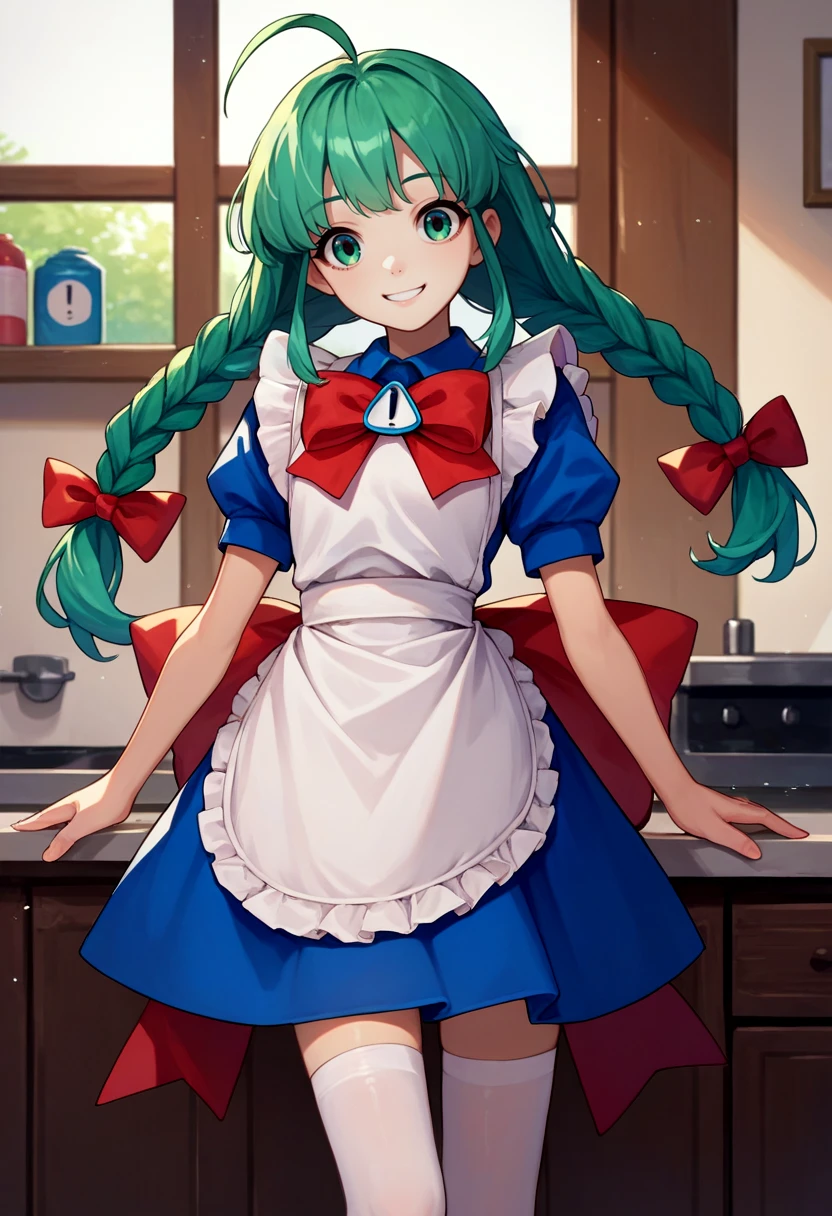 (masterpiece, best quality:1.2), <lyco:os-tan_me-tan-09:1.0>, cowboy shot, solo, 1girl, me-tan, smile, looking at viewer, arms behind back, ahoge, twin braids, blue dress, bow, puffy short sleeves, apron