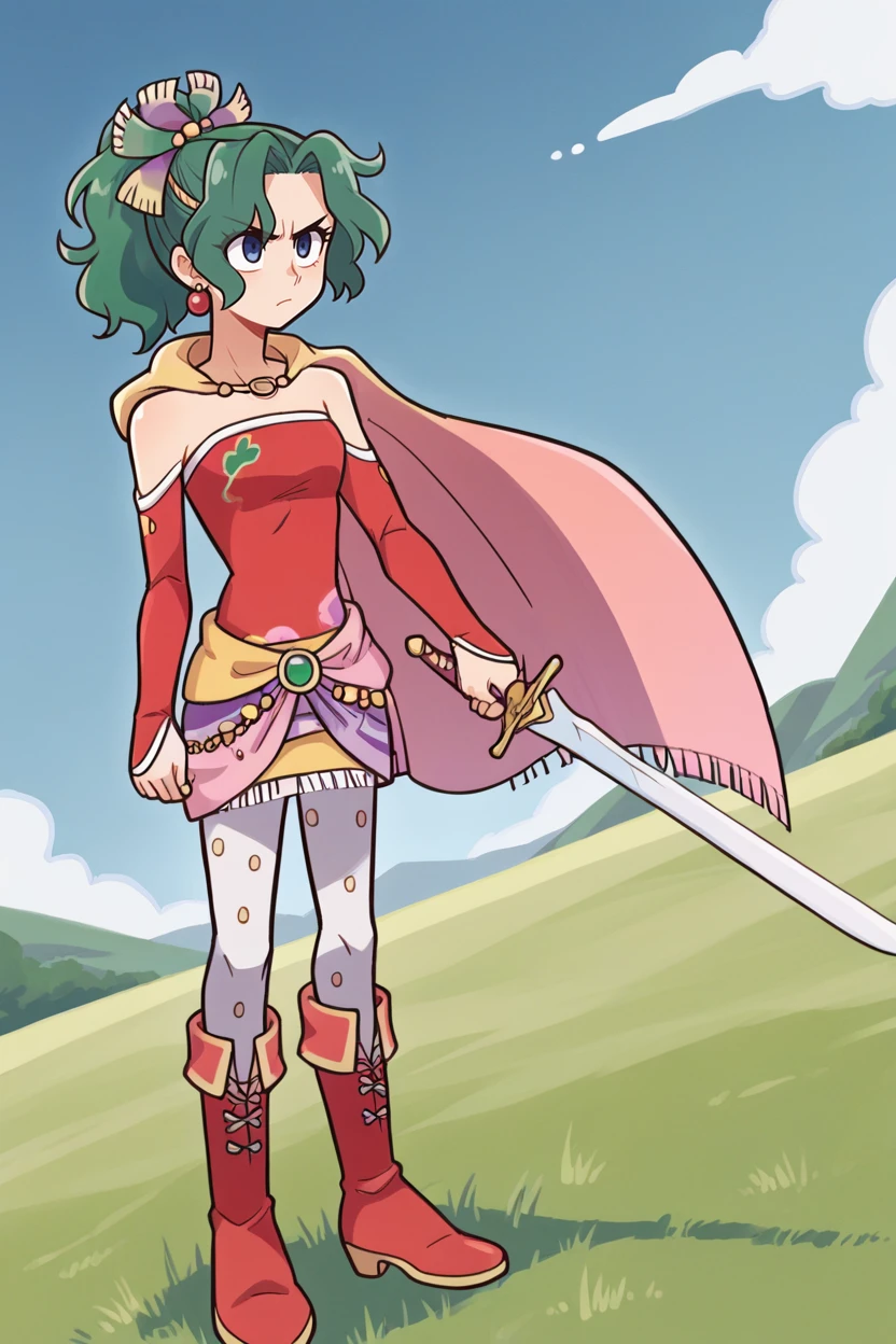 score_9, score_8_up, source_anime, 1girl, solo BREAK <lora:tinabranford-pdxl-nvwls-v1-000006:1> tina branford, green hair, ponytail, hair ribbon, earrings, cape, red dress, strapless, detached sleeves, clothes around waist, print legwear, field, blue sky, determined, dutch angle, holding sword, looking up, closed mouth, red boots, standing