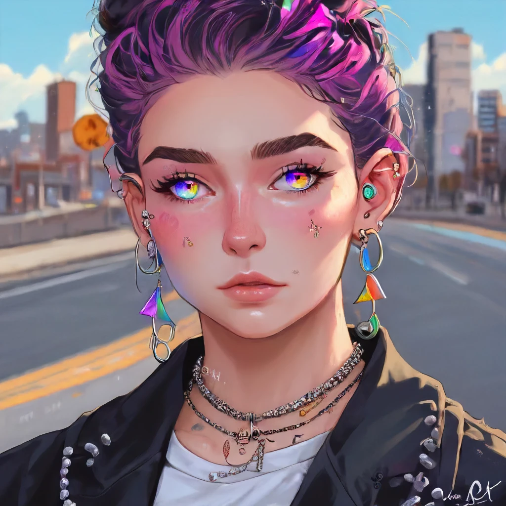 rainbow eyws,nose, lip piercing, bracelet, phone screen, watermark, mole under eye, jacket, hand on own chest, portrait, solo focus, eyeshadow, border, earrings, road, black choker <lora:rainbow_iris-000007:0.7>