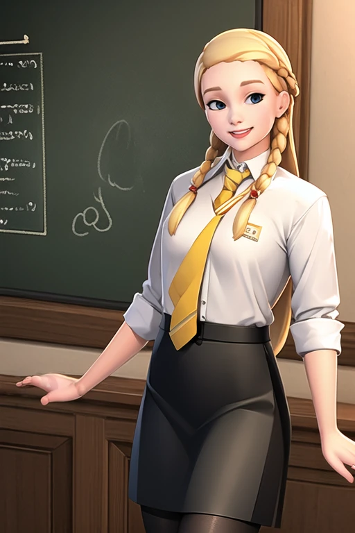 pennyhaywood, 1girl, solo, (cowboy shot:1.1), long hair, (white shirt, collared shirt), sleeves rolled up, yellow necktie, black pantyhose, black mary janes, black skirt, striped necktie, medium breasts, looking at viewer, smile, indoors, classroom, brick wall, <lora:PennyHaywood:0.8>