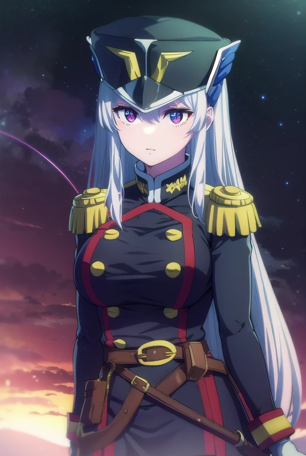 kyoukauzen, <lora:kyouka uzen s1-lora-nochekaiser:1>,
kyouka uzen, long hair, (red eyes:1.3), very long hair, white hair,
BREAK thighhighs, gloves, hat, boots, belt, sword, uniform, zettai ryouiki, military, military uniform, thigh boots, shako cap,
BREAK outdoors, space, starry sky, star \(sky\), moon,
BREAK looking at viewer, (cowboy shot:1.5),
BREAK <lyco:GoodHands-beta2:1>, (masterpiece:1.2), best quality, high resolution, unity 8k wallpaper, (illustration:0.8), (beautiful detailed eyes:1.6), extremely detailed face, perfect lighting, extremely detailed CG, (perfect hands, perfect anatomy),