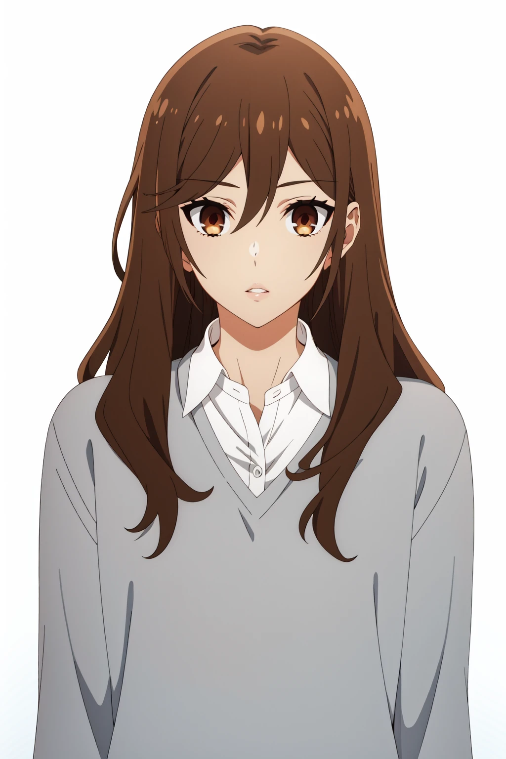 <lora:anime_screencap_v2:0.3>
portrait, solo focus, solo, close-up, (white background, plain background, simple background:1.3), looking at viewer
 <lora:hori_hori-03:0.8> horimiya_hori, 1girl, brown hair, solo, long hair, brown eyes, looking at viewer, shirt, sweater, upper bod, grey sweater, white shirt, collared shirt, PARTED LIPS, hair between eyes, bangs, school uniform