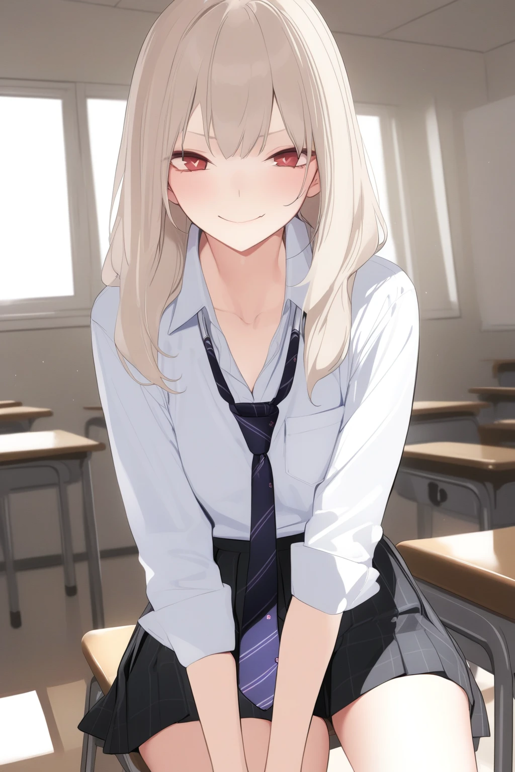 <lora:AmamitsukiStyle2_AnimagineXLV3-000020:0.8:lbw=sdxloutall>amamitsuki, 1girl, white shirt, collared shirt, loose necktie, pleated skirt, evil smile, classroom, closed mouth,, masterpiece,best quality,