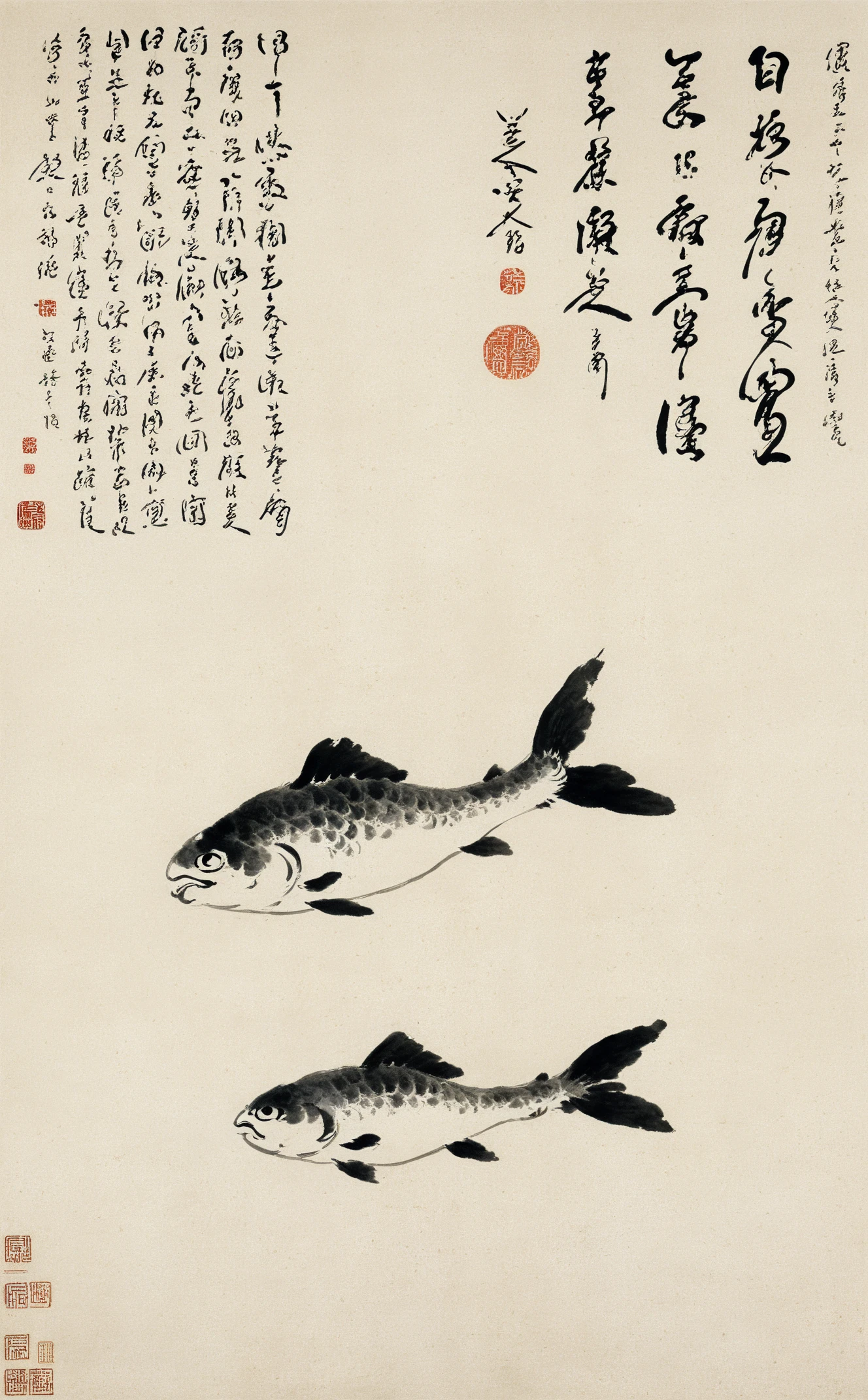 <lora:å«å¤§å±±äººç»é£-000009:0.8>,chinese Landscape painting,highres,no humans,fish,animal,animal focus,closed mouth,swimming,from side,full body,the art of chinese calligraphy,asian artwork,traditional chinese painting,ink fish drawing,calligraphy,parchment,vertical composition,minimalistic,brush strokes,cultural,seal art,antique,artistic,single subject,text overlay,fine art,Chinese text,ink wash painting,