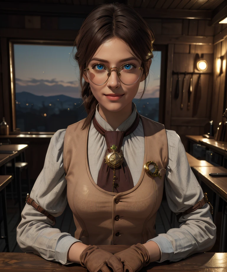 eugenie,brown hair,single ponytail,blue eyes,glasses,light smile,
bolo tie,brown vest,brown gloves,jewelry,looking at viewer,
workshop,table,sitting,night,
(insanely detailed, beautiful detailed face, masterpiece, best quality),solo,<lora:eugenie:0.8>,