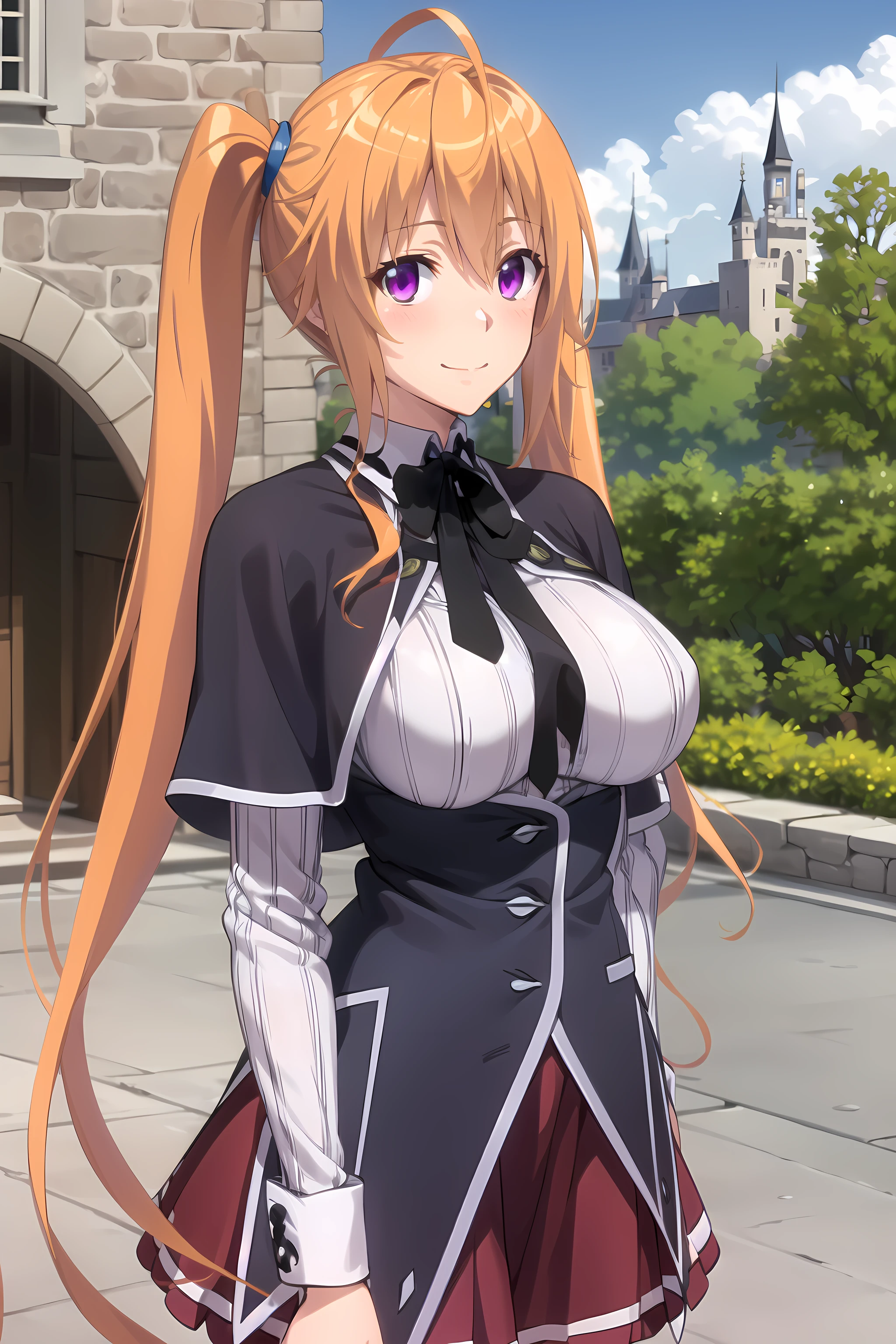 best quality, masterpiece, detailed,
<lora:HighSchoolDxD_ShidouIrina:0.9>, ShidouIrina,
1girl, solo, closed mouth, smile, blush,
orange hair, long hair, twintail, scrunchie, ahoge, purple eyes,
striped shirt, neck ribbon, black ribbon, black corset, purple skirt, large breasts, capelet,
looking at viewer, arms at sides,
outdoors, castle