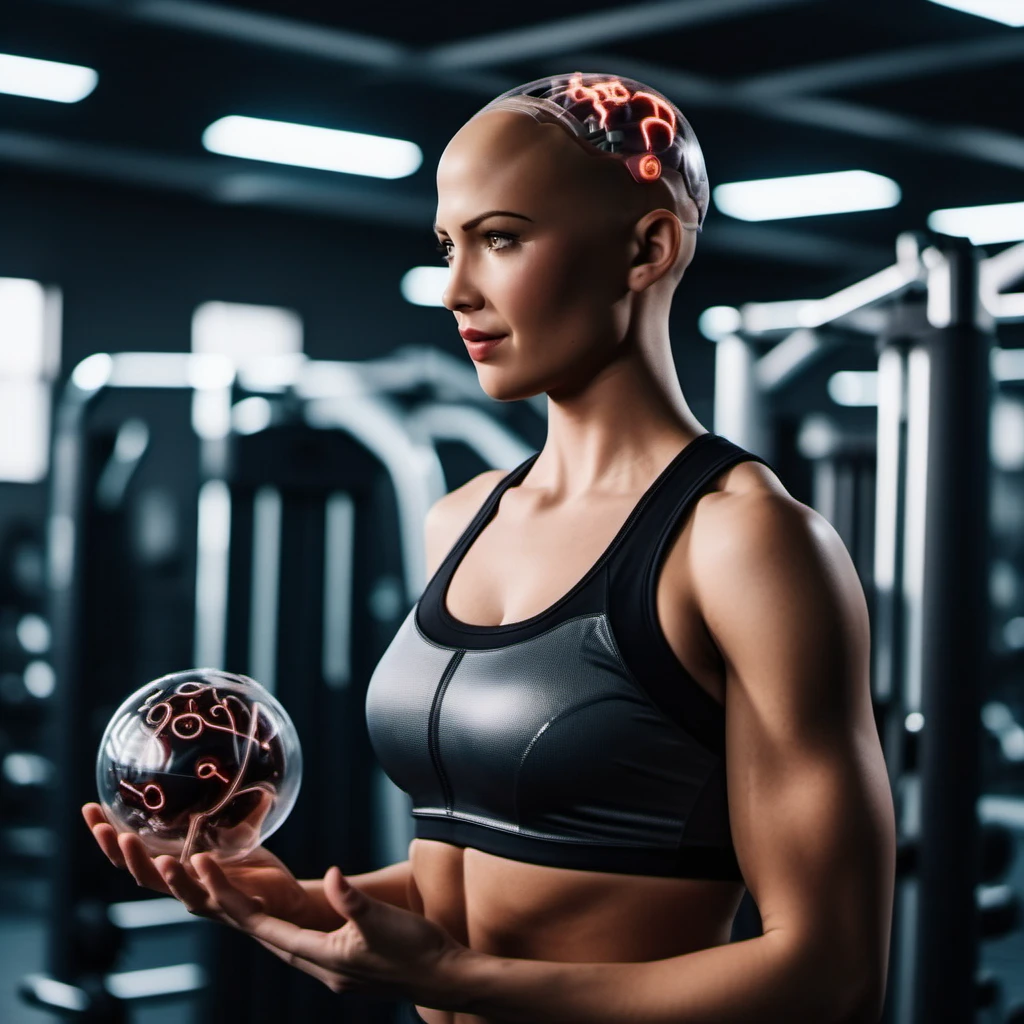 cinematic photo  a bald woman with electronical brain in a gym, full body <lora:Sophia1024-000375:0.8> <lora:add-detail-xl:1.5> . 35mm photograph, film, bokeh, professional, 4k, highly detailed