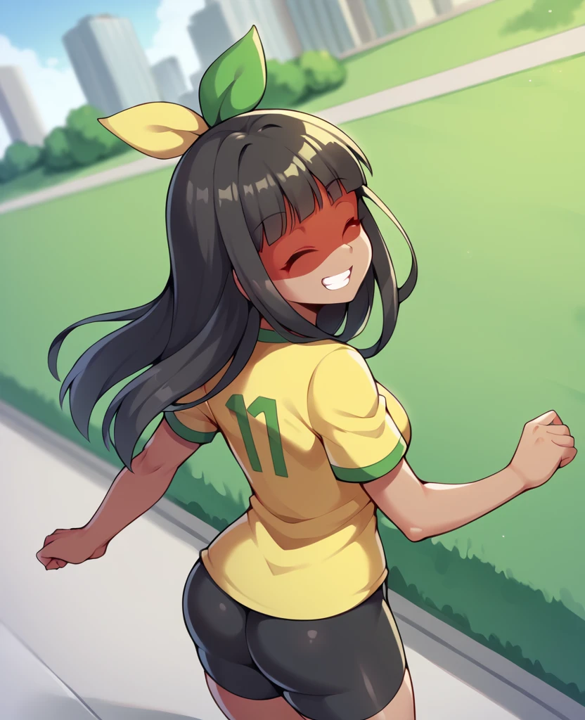 score_7_up, 1girl kuruminha, brazil soccer team yellow jersey, short sleeves, long hair, outdoors, looking back, bike shorts, grin, closed eyes, walking, dutch angle, foreshortening, hair ornament, from above, cityscape, blurry background, solo, park, curvy, happy, upper body
<lora:kuruminha-step00002400:0.8>