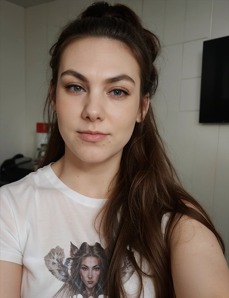 elizeryd, a woman, headshot, portrait, close up, simple print tshirt, ponytail