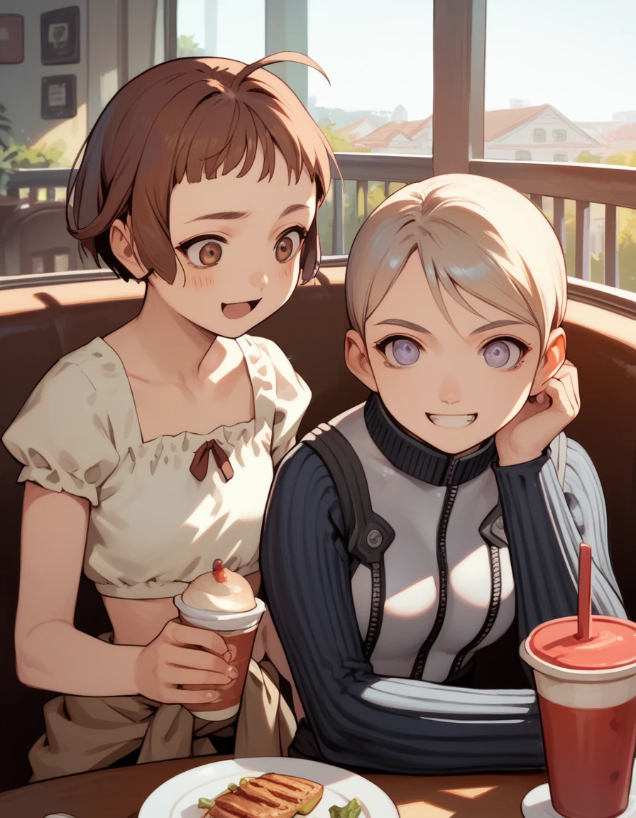 score_9, score_8_up, score_7_up, score_6_up, score_5_up, score_4_up, source_anime
<lora:last-exile-v2-ponyxl-000014:0.6>
2girls, lunch, cafe, excited
BREAK
lavie, crop top, brown clothes around waist
BREAK
tatiana, grey bodysuit